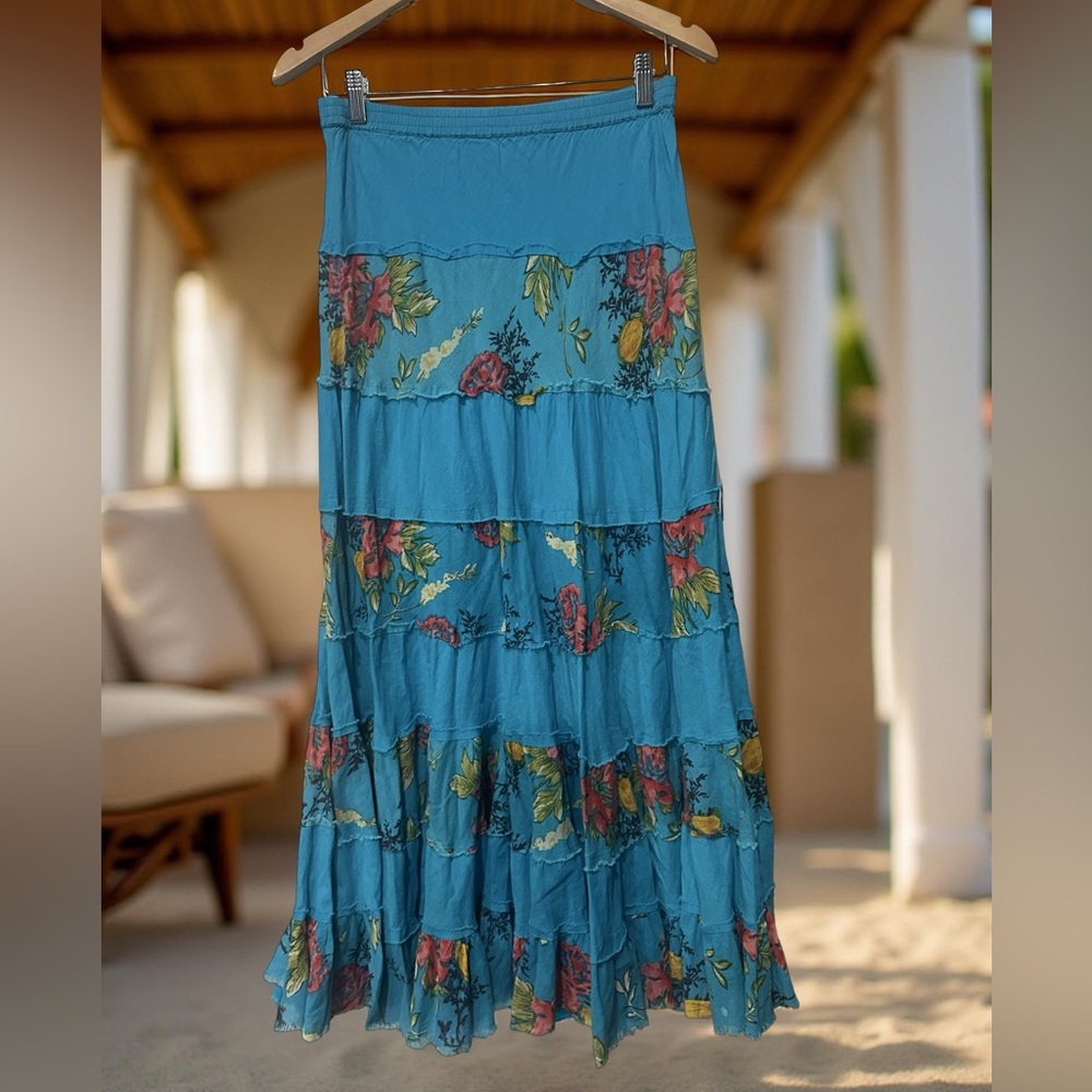 Derek Heart teal blue layered gypsy style maxi skirt with a floral design Size S